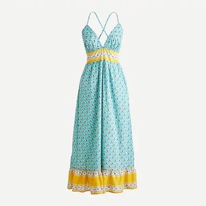 J Crew V-neck criss-cross maxi sun dress in block print smocked waist